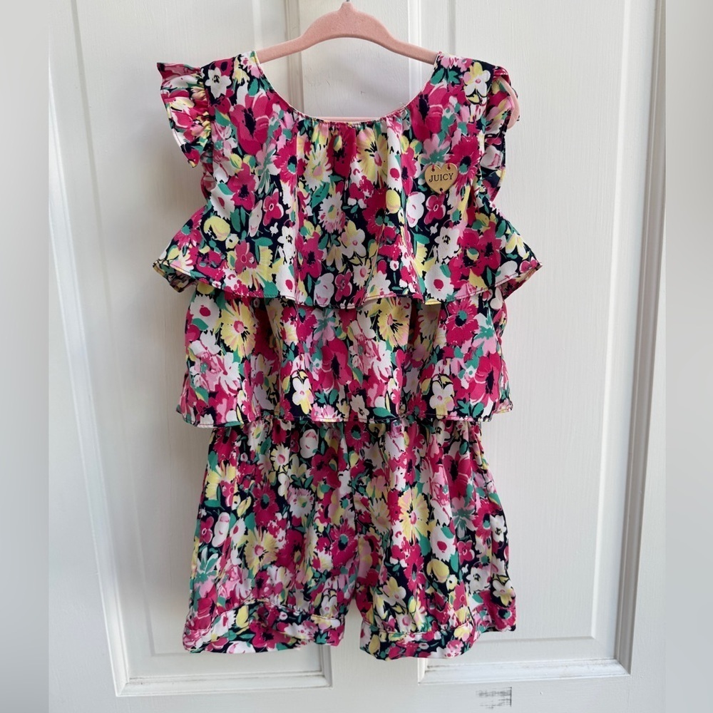NWOT Juicy Couture Size 4 Girls Multicolor Floral Short Sleeve Ruffle Romper